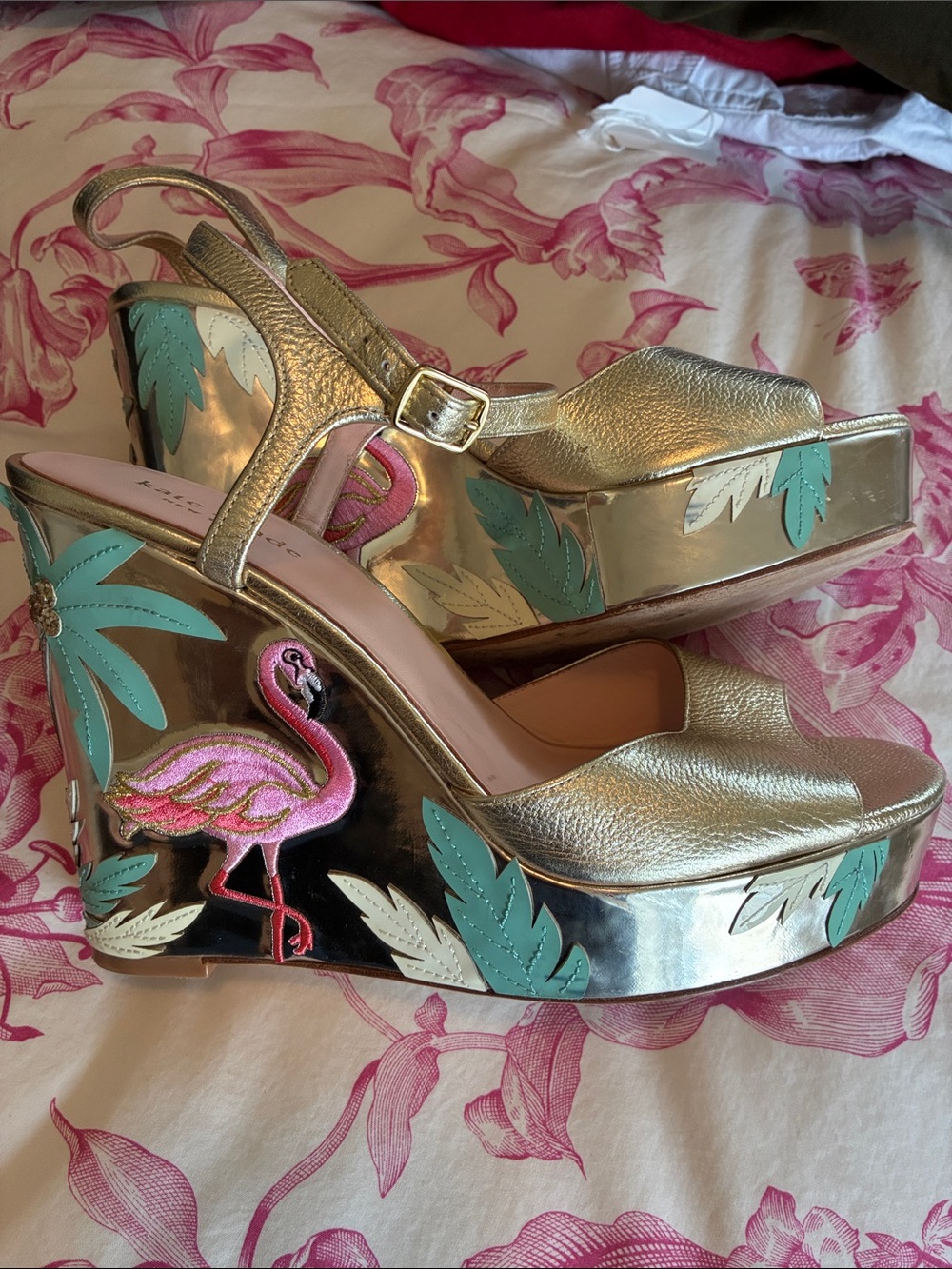 kate spade Gold Platform Wedge Sandals with Pink Flamingo and Teal Leaf Accents